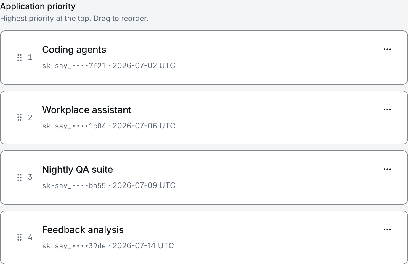 The Saylek applications page under Application priority, reading Highest priority at the top. Drag to reorder. Four applications are ranked 1 to 4, each with a drag handle beside its number: Coding agents, Workplace assistant, Nightly QA suite, Feedback analysis.