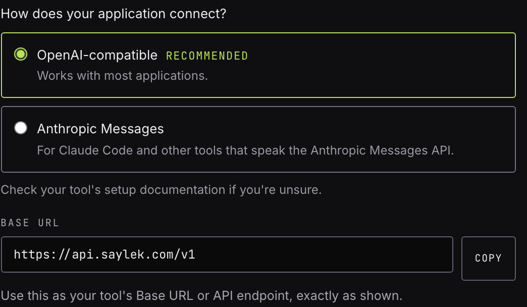 Saylek key setup offering OpenAI-compatible or Anthropic Messages, with the base URL https://api.saylek.com/v1 ready to copy.